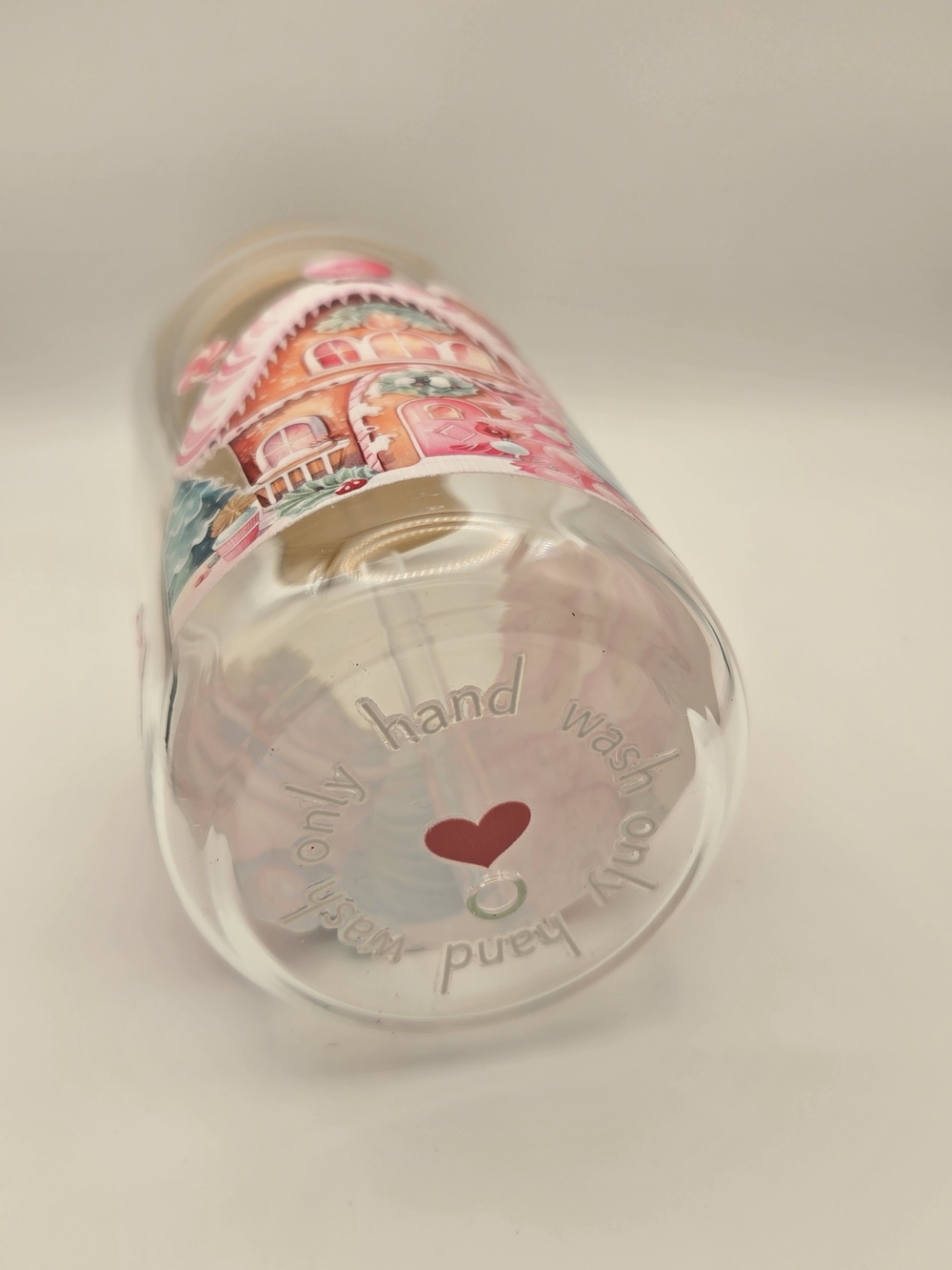 Glass Drink Bottle with Bamboo Lid — Pink & Mint Gingerbread House Design - Picture 4 of 4